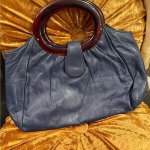 Elegant Navy Leather Handbag with Lucite Handle